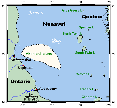 A map showing Akimiski Island in James Bay, between Ontario, Nunavut and Quebec